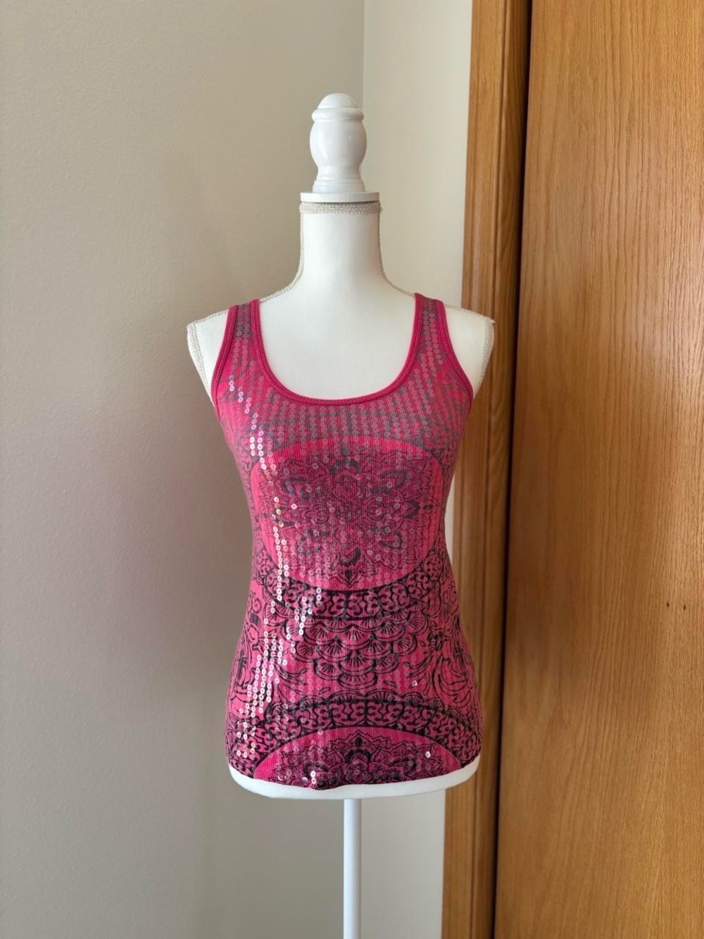 Y2K No Boundaries Hot Pink Sequin Ornate Print Tank